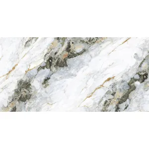 GRESIE GOLDEN GOYA 1017 - 60X120 cm, porțelanată, lucioasă, cu efect gold carving, în tonuri de alb, gri și maro cu inserții aurii, ideală pentru interioare și exterioare elegante.