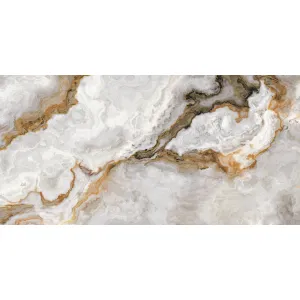 GRESIE GOLDEN ASIS 1009 - 60X120 cm, porțelanată, lucioasă, cu efect gold carving, în nuanțe de gri și maro cu inserții aurii, ideală pentru interioare și exterioare elegante.