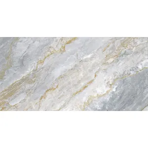 GRESIE GOLDEN PIRANA 1016 - 60X120 cm, porțelanată, lucioasă, cu efect gold carving, în tonuri de gri cu inserții aurii, potrivită pentru interioare și exterioare elegante.