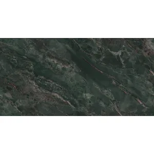 GRESIE RHYOLITE FOREST - 80X160 cm, porțelanată, aspect de marmură exotică verde cu vene fine rozalii și gri, finisaj super lucios high glossy, ideală pentru interioare luxoase și moderne.