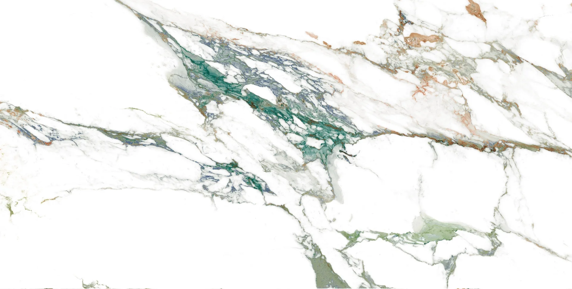 GRESIE QUEBE MULTI - 80X160 cm, porțelanată, aspect de marmură exotică albă cu vene colorate în verde, gri și accente arămii, finisaj super lucios high glossy, ideală pentru interioare moderne și sofisticate.