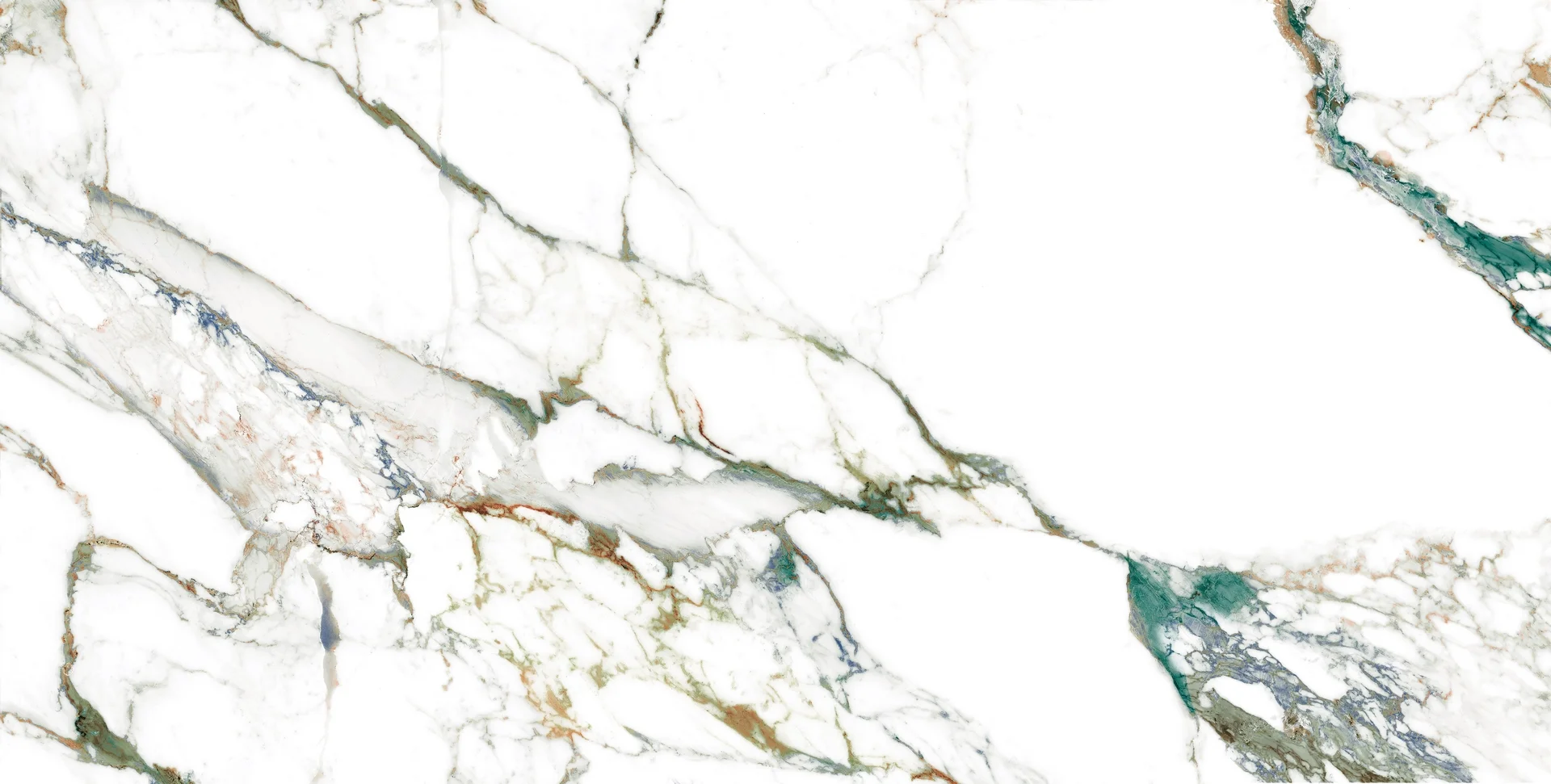 GRESIE QUEBE MULTI - 80X160 cm, porțelanată, aspect de marmură exotică albă cu vene colorate în verde, gri și accente arămii, finisaj super lucios high glossy, ideală pentru interioare moderne și sofisticate.