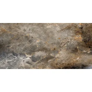GRESIE HG FLORIAN GRAFITO - 60X120 cm, porțelanată, aspect de marmură gri-închis cu accente aurii, finisaj super lucios high glossy, ideală pentru interioare și exterioare elegante.