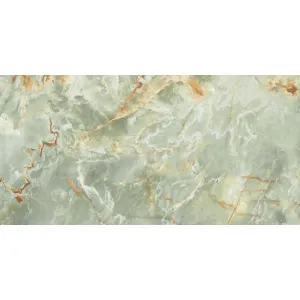 GRESIE HG DELICATUS ONYX OLIVE - 60X120 cm, porțelanată, aspect de onix verde-oliv cu vene aurii și albe, finisaj super lucios high glossy, ideală pentru interioare luxoase și rafinate.