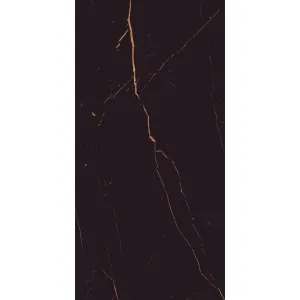 GRESIE HG MARQUINA GOLD - 60X120 cm, porțelanată, aspect de marmură neagră intensă cu nervuri aurii, finisaj super lucios high glossy, ideală pentru interioare elegante și sofisticate.
