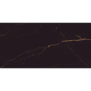 GRESIE HG MARQUINA GOLD - 60X120 cm, porțelanată, aspect de marmură neagră intensă cu nervuri aurii, finisaj super lucios high glossy, ideală pentru interioare elegante și sofisticate.