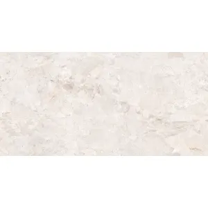 GRESIE RIZZONT BIANCO ENDLESS - 80X160 cm, porțelanată, aspect de marmură bej deschis cu nuanțe maro subtile, finisaj lucios elegant și model endless ce oferă continuitate grafică pe suprafețe ample.