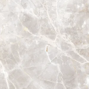 GRESIE 391 - 60X60 cm, porțelanată, rectificată, în nuanțe de gri deschis cu vene albe și aurii, finisaj lucios elegant, potrivită pentru interioare moderne și rafinate.