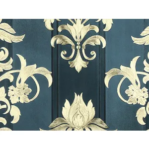 Tapet GOLDEN 13842 – 53x1000 cm (5.3 m²/ rola), PVC, lavabil, model baroc albastru închis cu auriu, ideal pentru decoruri elegante și rafinate.