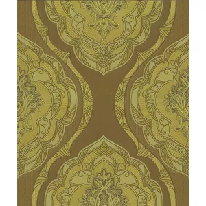 Tapet BETRA GK 87211 – 53x1000 cm (5.3 m²/ rola), PVC, lavabil, model oriental simetric auriu-bronz, embosat elegant, ideal pentru decoruri eclectice sau clasice reinterpretate. 