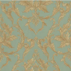 TAPET DELICIA GK 862202 - 53X1000 cm (5.3 mp/rolă), cu model baroc elegant în nuanțe de auriu pe fundal verde-salvie. Un design rafinat, ideal pentru interioare clasice și spații ce doresc o notă de lux discret.