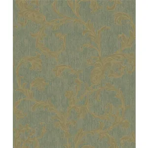 Tapet BLUE JAZZ GK NVP 324708 – 53x1000 cm (5.3 m²/ rola), PVC, lavabil, model elegant baroc cu fundal verde texturat și elemente aurii în relief, perfect pentru interioare clasice, boeme sau moderne cu accente vintage.