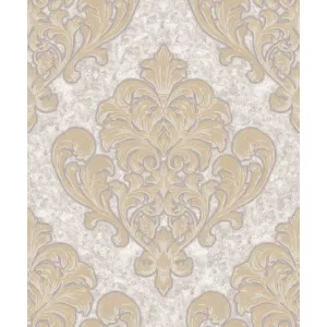 Tapet THESSALONIKI NPP405101 – 53x1000 cm (5.3 m²/ rola), PVC, lavabil, model damasc clasic în tonuri de crem și auriu pe fundal texturat gri deschis.