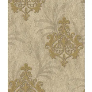 Tapet CORONA NPP482404 – 53x1000 cm (5.3 m²/ rola), PVC, lavabil, decor clasic baroc embosat, cu accente aurii pe fundal texturat bej.