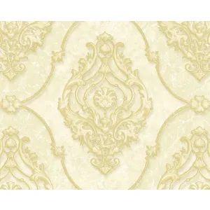 TAPET PVC PISTA 85001-1 - 106X1560 cm (16.54 mp/rola), cu model baroc elegant în nuanțe de crem și auriu pastel. Un design clasic, luminos și sofisticat, ideal pentru interioare rafinate și spații ample.
