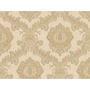 TAPET PVC FLORENCE 90127 - 70X1000 cm (7 mp/rolă), cu model baroc floral elegant în tonuri calde de bej, auriu și crem. O alegere rafinată pentru interioare clasice și sofisticate, care emană armonie și rafinament.