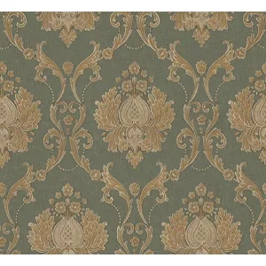 Tapet VELIKA 89302 – 70x1000 cm (7 m² / rolă), PVC, lavabil, model floral baroc pe fundal verde cu detalii aurii.