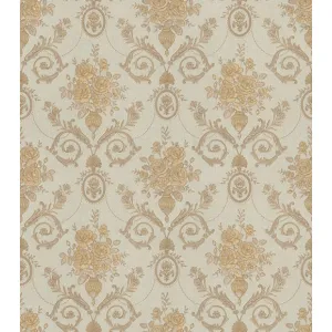 TAPET PVC VELIKA 89323 - 70X1000 cm (7 mp/rolă), cu model floral baroc în tonuri calde de bej și auriu. O opțiune elegantă pentru decoruri clasice, oferind un efect vizual bogat și o atmosferă primitoare.