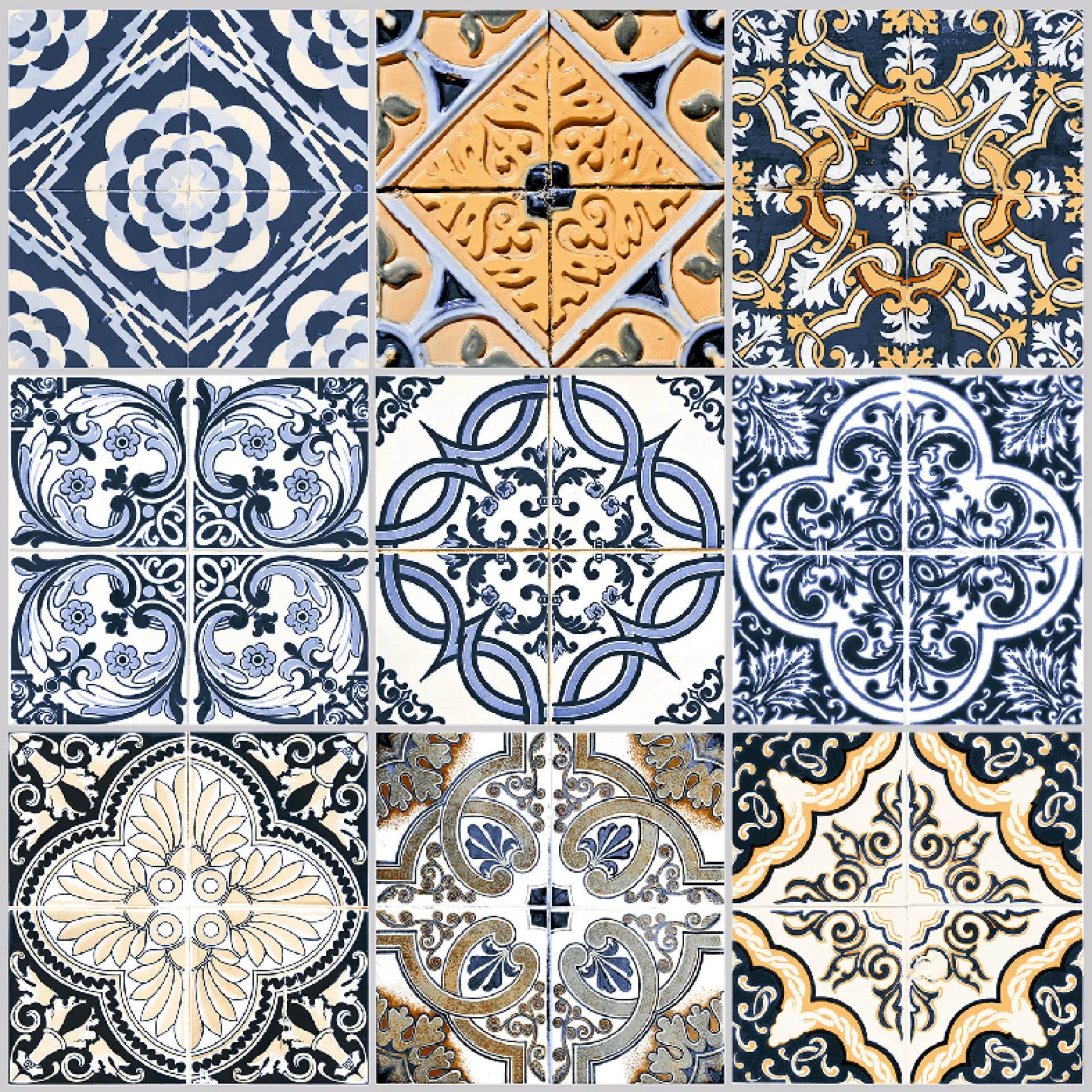 PLACA DECOR 7322 - 30X30 cm, ceramica glazurata, decorativa, multicoloră in tonuri de alb, negru, albastru și auriu, suprafata mată, pentru interior, pereți și pardoseli.