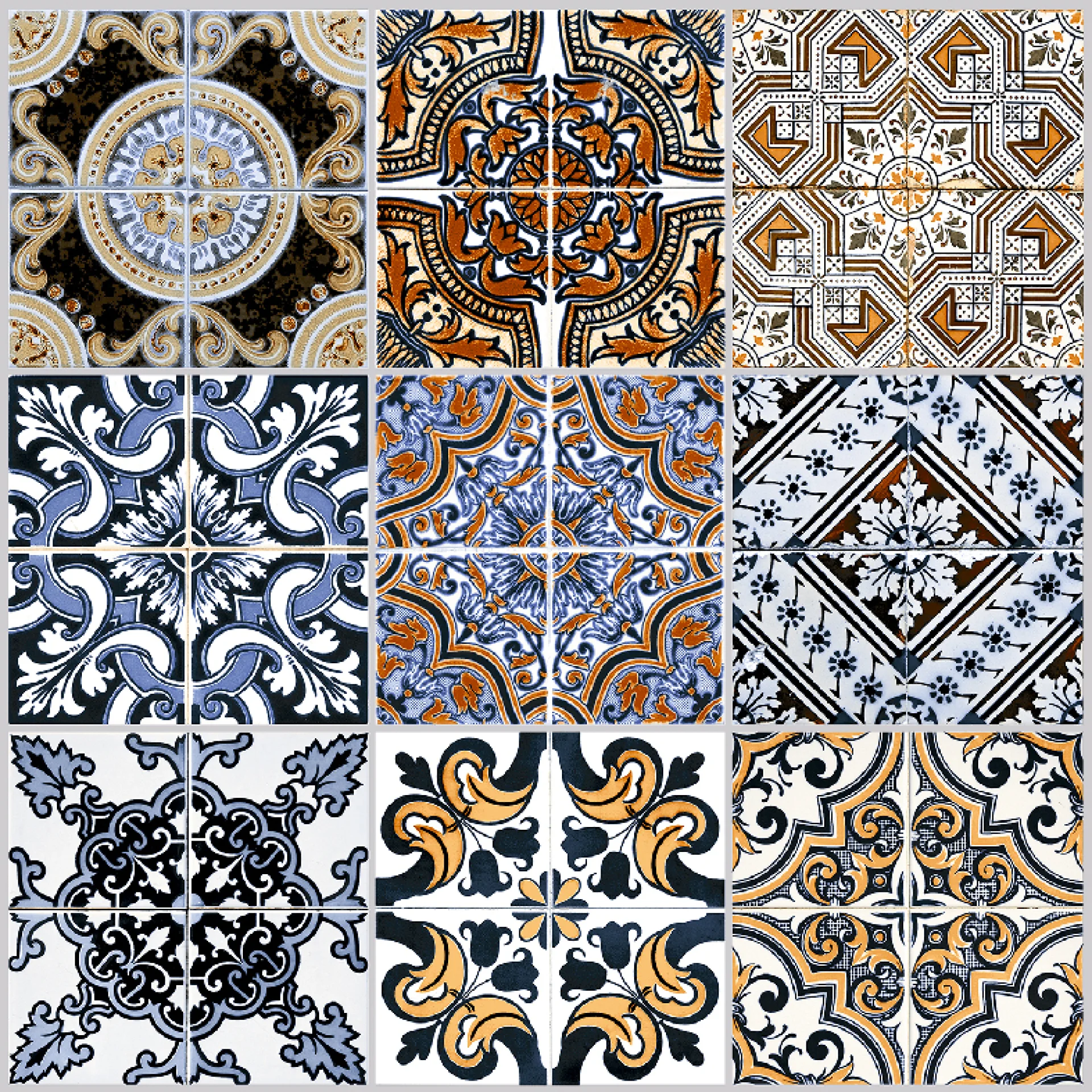 PLACA DECOR 7322 - 30X30 cm, ceramica glazurata, decorativa, multicoloră in tonuri de alb, negru, albastru și auriu, suprafata mată, pentru interior, pereți și pardoseli.