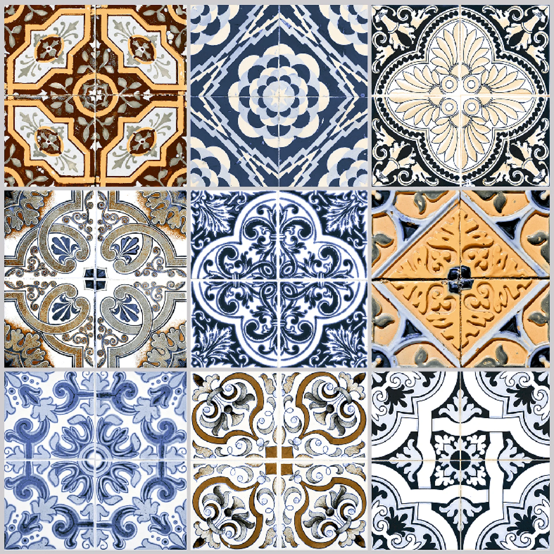 PLACA DECOR 7322 - 30X30 cm, ceramica glazurata, decorativa, multicoloră in tonuri de alb, negru, albastru și auriu, suprafata mată, pentru interior, pereți și pardoseli.