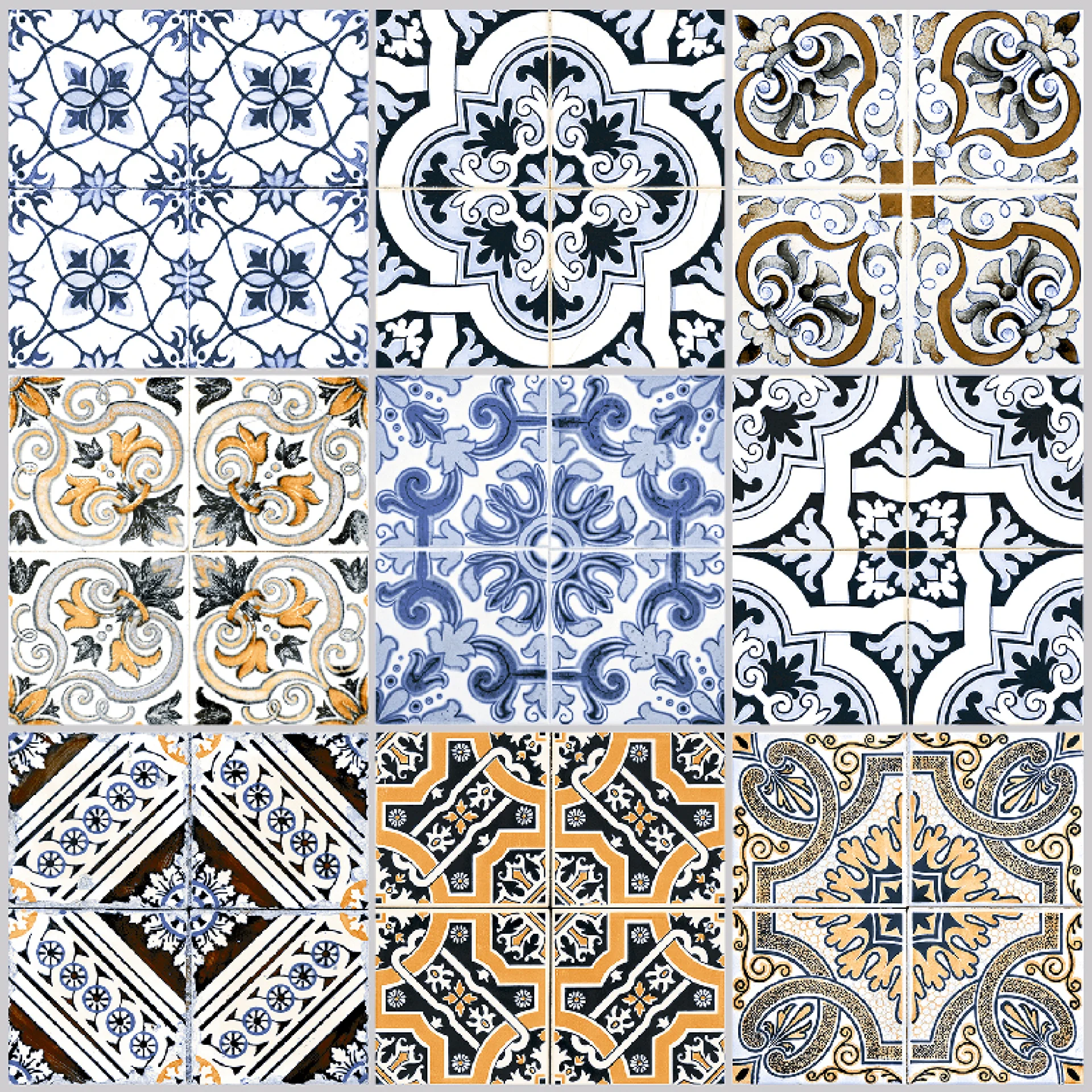 PLACA DECOR 7322 - 30X30 cm, ceramica glazurata, decorativa, multicoloră in tonuri de alb, negru, albastru și auriu, suprafata mată, pentru interior, pereți și pardoseli.