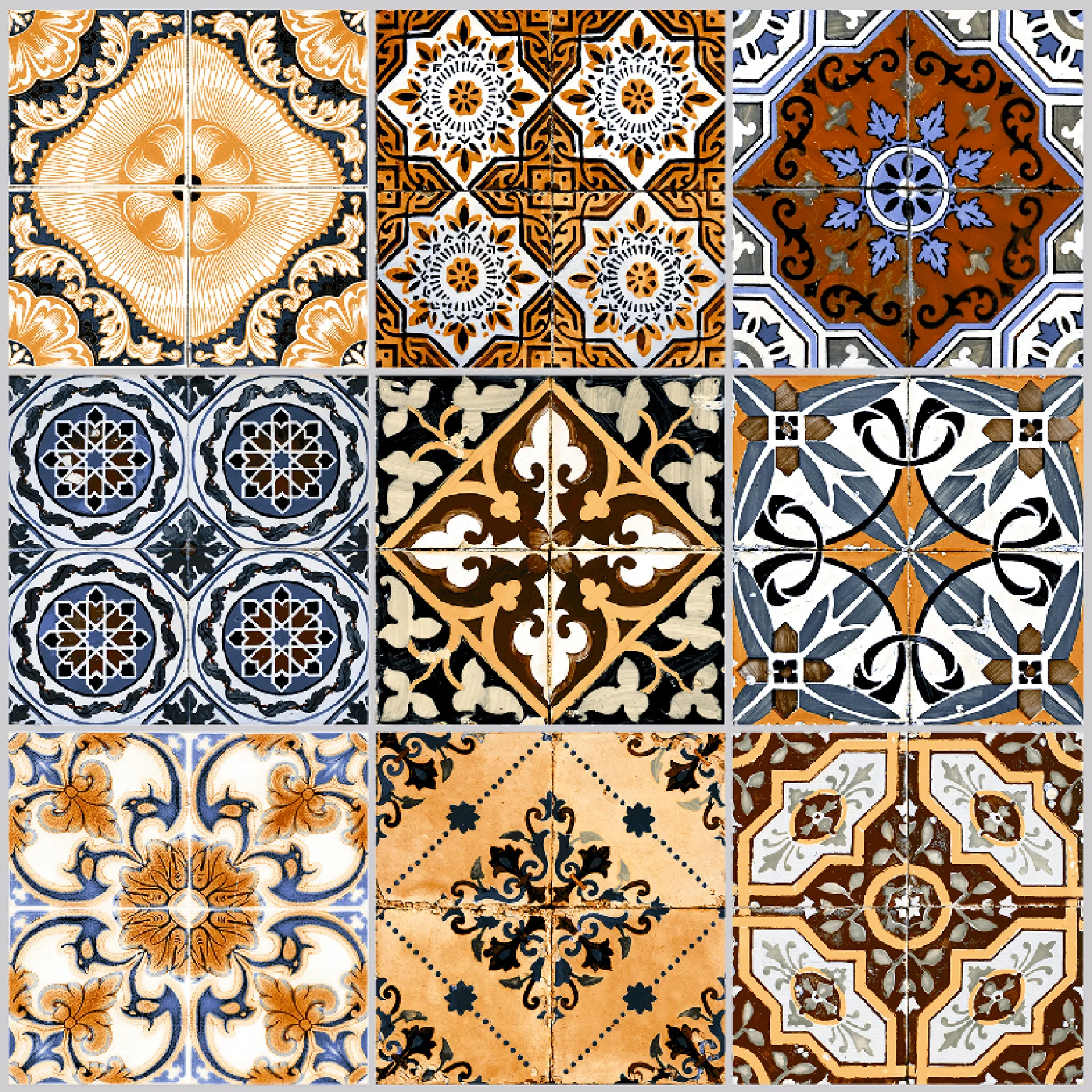 PLACA DECOR 7322 - 30X30 cm, ceramica glazurata, decorativa, multicoloră in tonuri de alb, negru, albastru și auriu, suprafata mată, pentru interior, pereți și pardoseli.