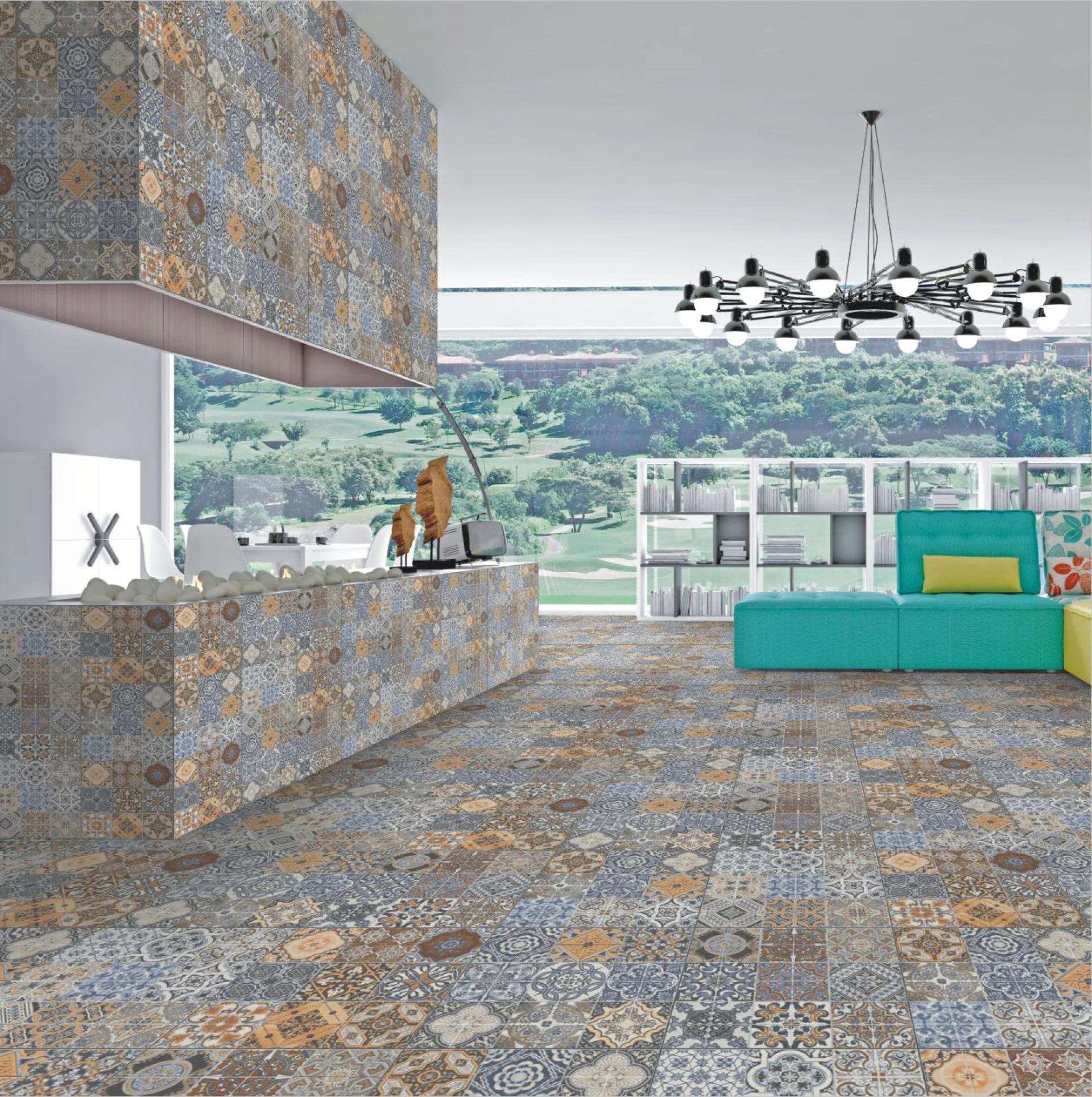 PLACA DECOR 7322 - 30X30 cm, ceramica glazurata, decorativa, multicoloră in tonuri de alb, negru, albastru și auriu, suprafata mată, pentru interior, pereți și pardoseli.