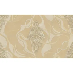 Tapet ROYAL 90914 – 106x1000 cm (10.6 m² /rola), PVC, lavabil, model central baroc crem pe fond abstract fluid bej perlat, nuanțe calde și accente sidefate, ideal pentru decoruri sofisticate.