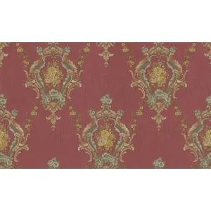 Tapet ROYAL 93096 – 106x1000 cm (10.6 m²/ rola), PVC, lavabil, cu model baroc simetric pe fundal rubiniu, cu medalion floral auriu, nuanțe aurii și crem, textură embosată, ideal pentru decoruri clasice, sofisticate.