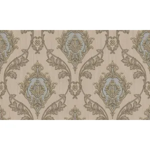 TAPET PVC ROYAL 96004 - 106X1000 cm (10.6 mp/rolă), cu model baroc sofisticat în nuanțe de bej, auriu și bleu pastel. Design elegant, cu accente clasice și textură reliefată, potrivit pentru interioare luxoase și rafinate.