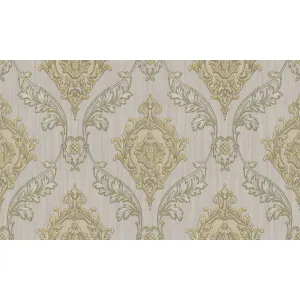Tapet ROYAL 96007 – 106x1000 cm (10.6 m²/ rola), PVC, lavabil, model elegant, cu design baroc în relief și nuanțe rafinate, medalion baroc auriu cu accente bleu pe fond bej, texturat, perfect pentru spații clasice și luminoase.