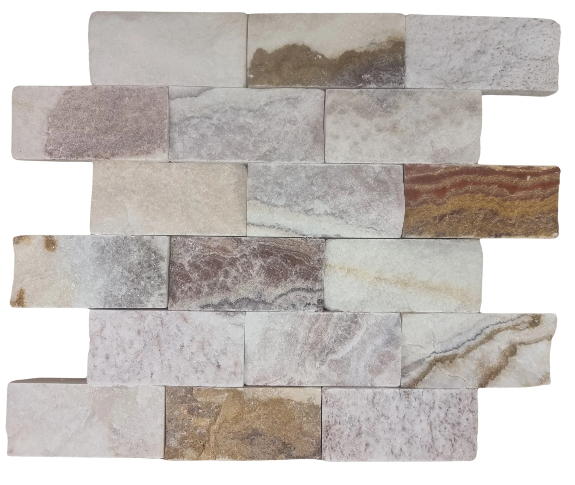 MOZAIC RAINBOW ONYX - 29X30.5 cm, grosime variabila 1.5-1.8 cm, finisaj split face, nuanțe multicolore și textură neregulată, ideal pentru decoruri spectaculoase și elegante.