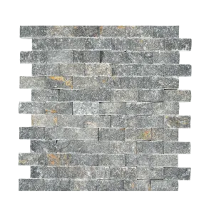 MOZAIC DIN TRAVERTIN DARK - 29X30.5cm, grosime variabila 1.5-1.8 cm, nuanțe naturale de maro și gri, finisaj split face, scapitat, perfect pentru decoruri verticale interioare și exterioare.