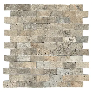 MOZAIC DIN TRAVERTIN SILVER MIX - 29X30.5 cm, grosime variabila 1.5-1.8 cm, finisaj split face, scapitata, în nuanțe de gri și argintiu, ideal pentru placări verticale interioare și exterioare.