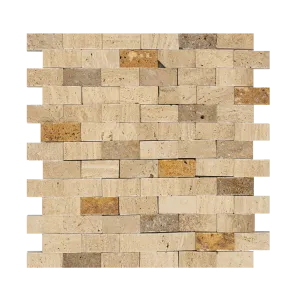 MOZAIC DIN TRAVERTIN COLOR MIX - 29X30.5 cm, grosime variabila 1.5-1.8 cm, nuanțe combinate de bej, crem, galben și gri, finisaj scapitat, split face, perfect pentru decoruri calde și naturale.