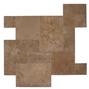 TRAVERTIN NOCHE CROSSCUT FP - 1.2 cm, set French Pattern dimensiuni diverse, în nuanțe calde de maro și bej, livrat în set modular de 6 plăci, ideal pentru pardoseli și pereți cu aspect elegant și natural. 
