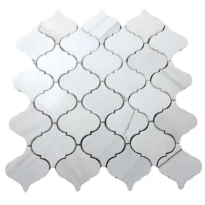 MOZAIC DIN DOLOMIT ORIENTAL - 30.5X30.5 cm, finisaj șlefuit, model Oriental, alb elegant cu vene fine gri-bej, un design sofisticat inspirat din motive orientale.