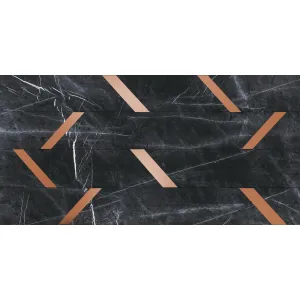 GRESIE GAIA BLACK DECOR - 59.5X119.3 cm, porțelanată, mată cu elemente aramii, ideală pentru placarea pereților interiori, aspect elegant și modern.