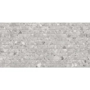 FAIANTA 35306-HL1(L) LEAD - 30X60 cm, ceramica glazurată, rectificată, cu finisaj mat și efecte lucioase (luster), aspect de piatra naturala gri si model în relief, destinată placării pereților la interior.
