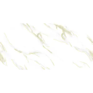 GRESIE GS MG WAVY SNOW ENDLESS - 60X120cm, porțelanată, glazurata, rectificata, aspect de marmura albă cu insertii aurii, finisaj lucios cu efect gold carving, model endless, ideală pentru interior și exterior, compatibilă cu încălzirea în pardoseală.
