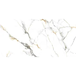 GRESIE GOLDEN GS SATAVARIO FROXEN - 60X120 cm, portelanata, rectificata, suprafață lucioasă cu efect carving auriu, marmură albă cu vene aurii și gri, ideală pentru interioare elegante.