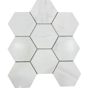 MOZAIC DIN DOLOMIT HEXAGON - 26.5X30.5 cm, mozaic elegant din piatră naturală Dolomit, șlefuit, mat, alb cu ușoare vene gri sau bej, design geometric hexagonal ideal pentru decoruri moderne.