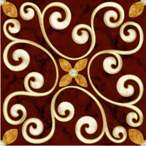 GRESIE FC-9629B-G - 60X60 cm, porțelanată, în nuanțe de roșu intens cu inserții aurii și crem, decor geometric floral și finisaj lucios, ideală pentru interioare elegante și artistice.