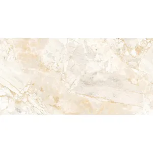 GRESIE ALFA CREMA - 60X120 cm, portelanata, rectificata, finisaj mat structurat cu efecte lucioase, decor sofisticat de marmură crem-aurie cu detalii spectaculoase, potrivită pentru interior/exterior.