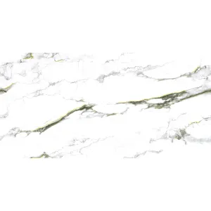 GRESIE GS (INK 1017) GOLDEN STREAM ENDLESS - 60X120 cm, portelanata, glazurata, rectificata, cu finisaj lucios și efect Gold Carving, design endless marmorat alb cu inserții gri si aurii fine, ideal pentru spații rafinate.