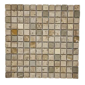 MOZAIC DIN PIATRA NATURALA ANTICHIZAT - 30.5X30.5 cm, pe plasă, realizat din mix elegant de marmură Green periata, marmură Emperador lucioasă și travertin light antichizat nechituit, grosime 1 cm.