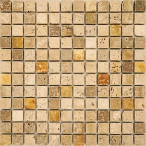 MOZAIC DIN TRAVERTIN ANTICHIZAT - 30.5X30.cm, pe plasă, realizat din mix de nuanțe light–noche–yellow, cu suprafață nechituită și textură naturală. Dimensiune chip 2.3x2.3 cm, grosime 1 cm.