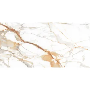 GRESIE CARRARA BROWN - 60X120 cm, portelanata, cu finisaj mat, aspect marmorat în nuanțe de alb, bej și vene aurii-maronii. Ideală pentru spații elegante, compatibilă cu încălzirea în pardoseală.