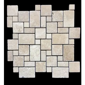 MOZAIC DIN TRAVERTIN CLASSIC MINI FP - 30.5X30.5X1 cm, bej, finisaj tumbled, nechituit, tip French Pattern, ideal pentru decoruri elegante și naturale.